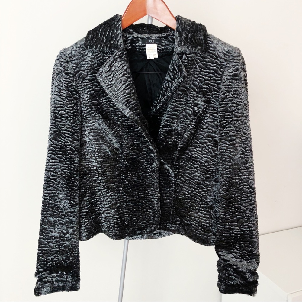 Metallic Black Silver Velvet Suede Fur Coat Jacket